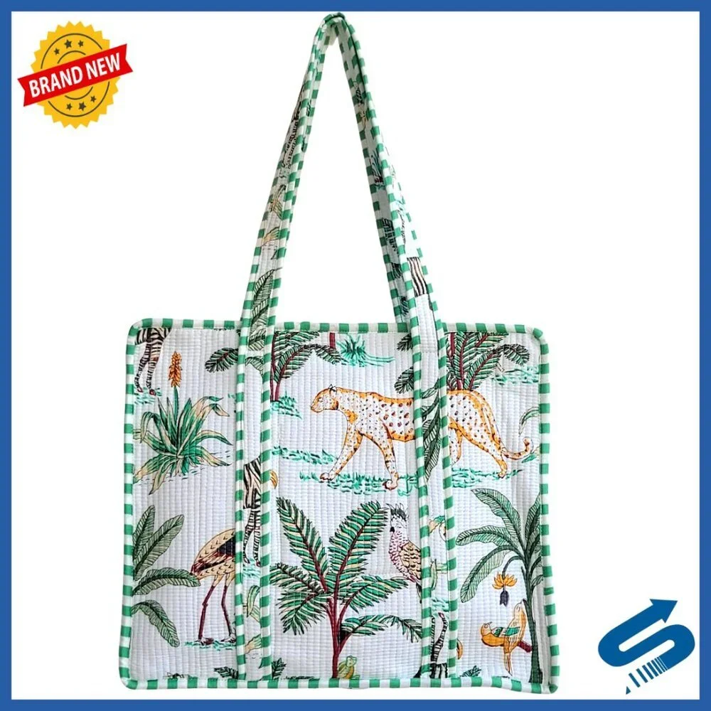 100% Cotton Reversible Tote Bag with Shoulder Straps for Shopping Travel